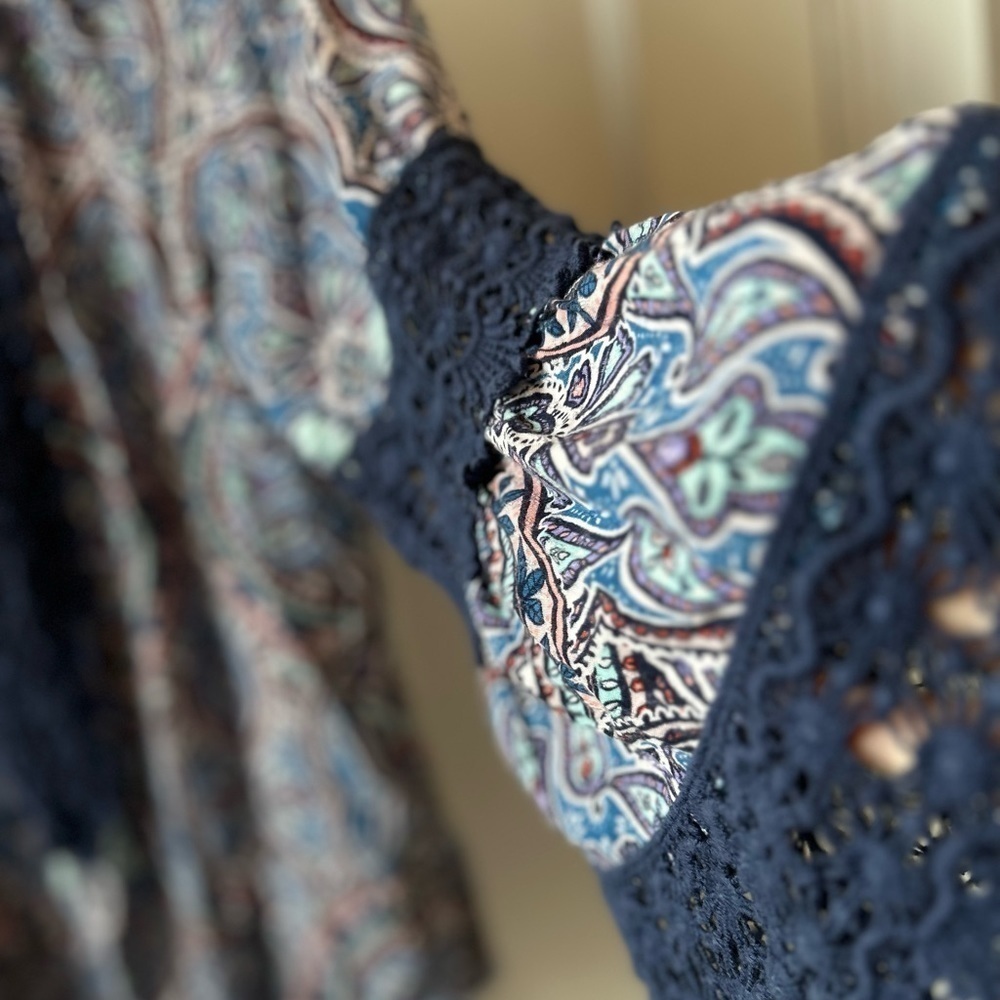 Democracy Bohemian Blue Size Small Top Bell 3/4 Length Sleeve Paisley Lace - Picture 5 of 10